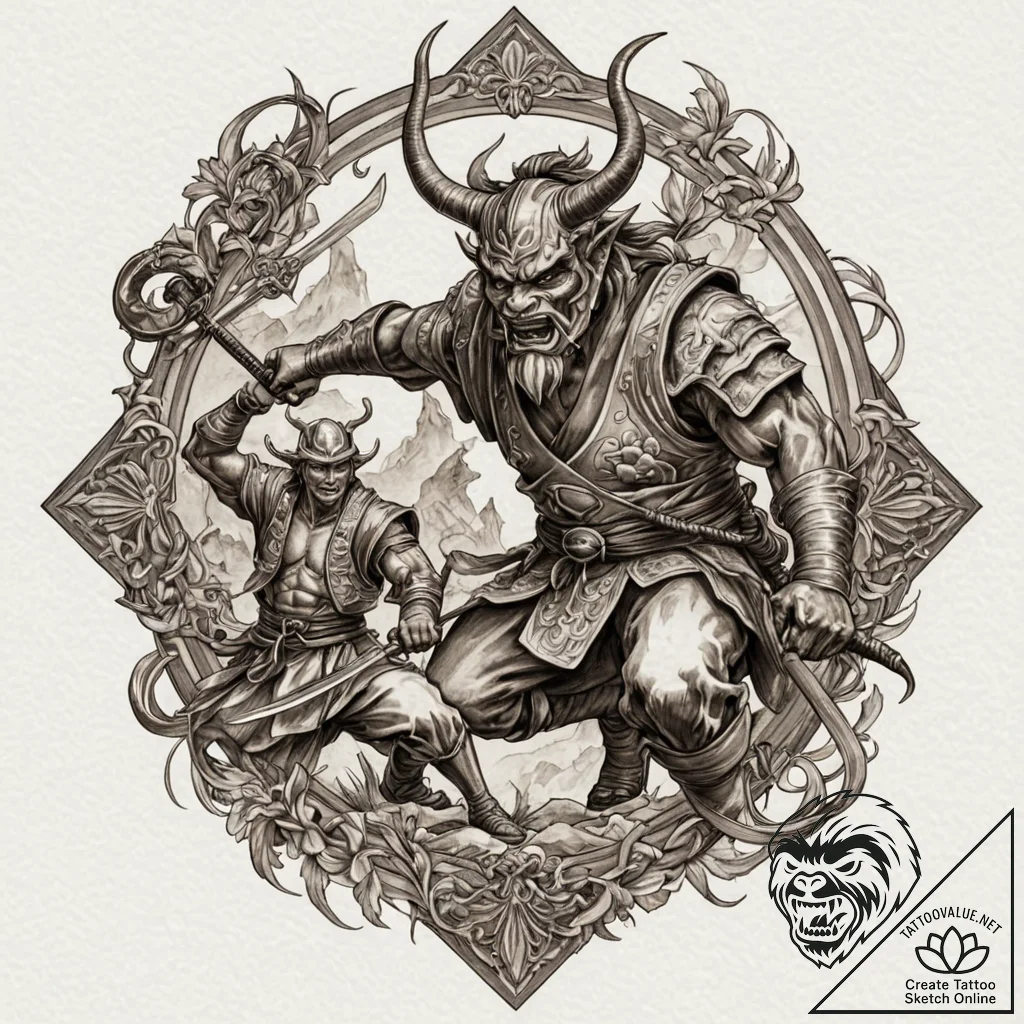 Samurai fighting an oni, ink illustration for... - tattoo sketch (№1751387091_0, 01.07.2025 16:24) — tattoovalue.net