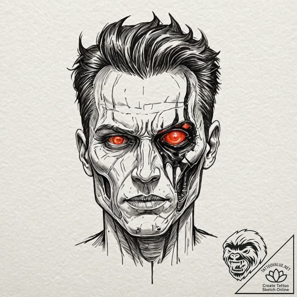 Trash polka portrait of the t-800, half flesh... - tattoo sketch (№1751387644_0, 01.07.2025 16:34) — tattoovalue.net