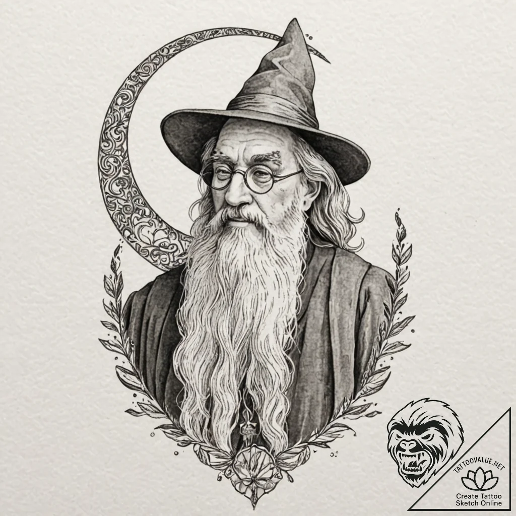 A sketch of professor dumbledore, with his ha... - tattoo sketch (№1751388821_0, 01.07.2025 16:53) — tattoovalue.net