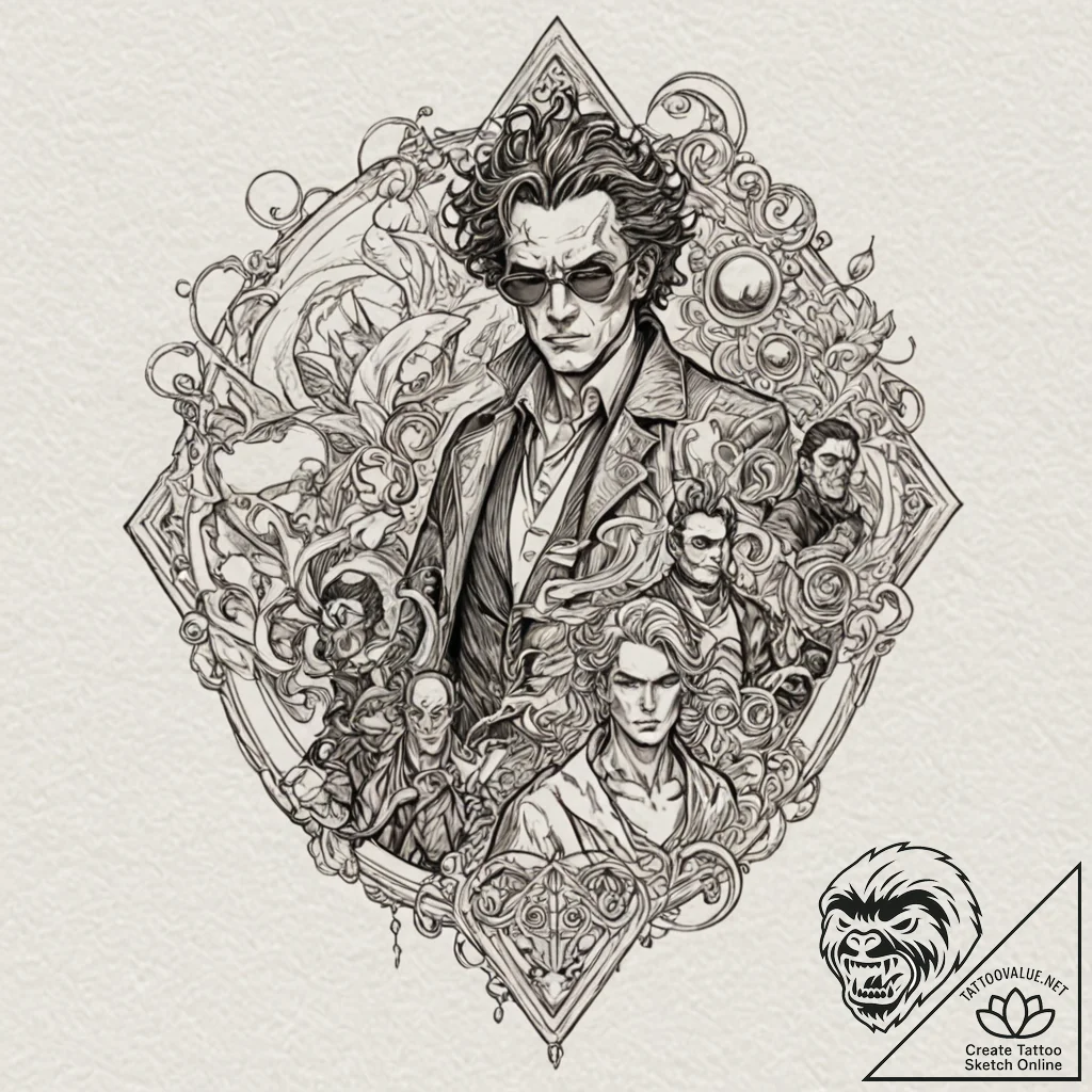 A graphic novel panel of the main characters... - tattoo sketch (№1751389451_0, 01.07.2025 17:04) — tattoovalue.net