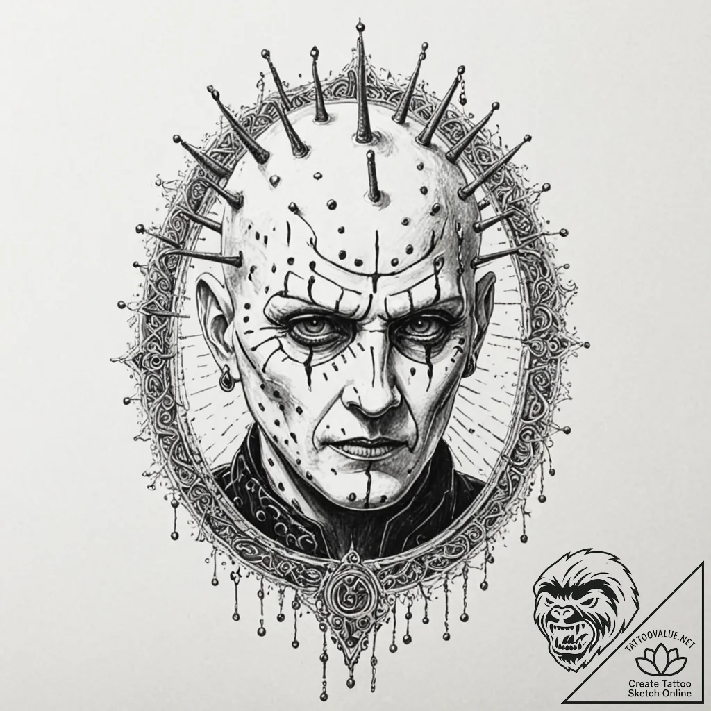 A trash polka portrait of pinhead from hellra... - tattoo sketch (№1751389529_0, 01.07.2025 17:05) — tattoovalue.net