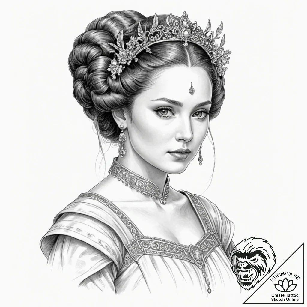 A sketch of queen amidala in her royal attire... - tattoo sketch (№1751390394_0, 01.07.2025 17:19) — tattoovalue.net