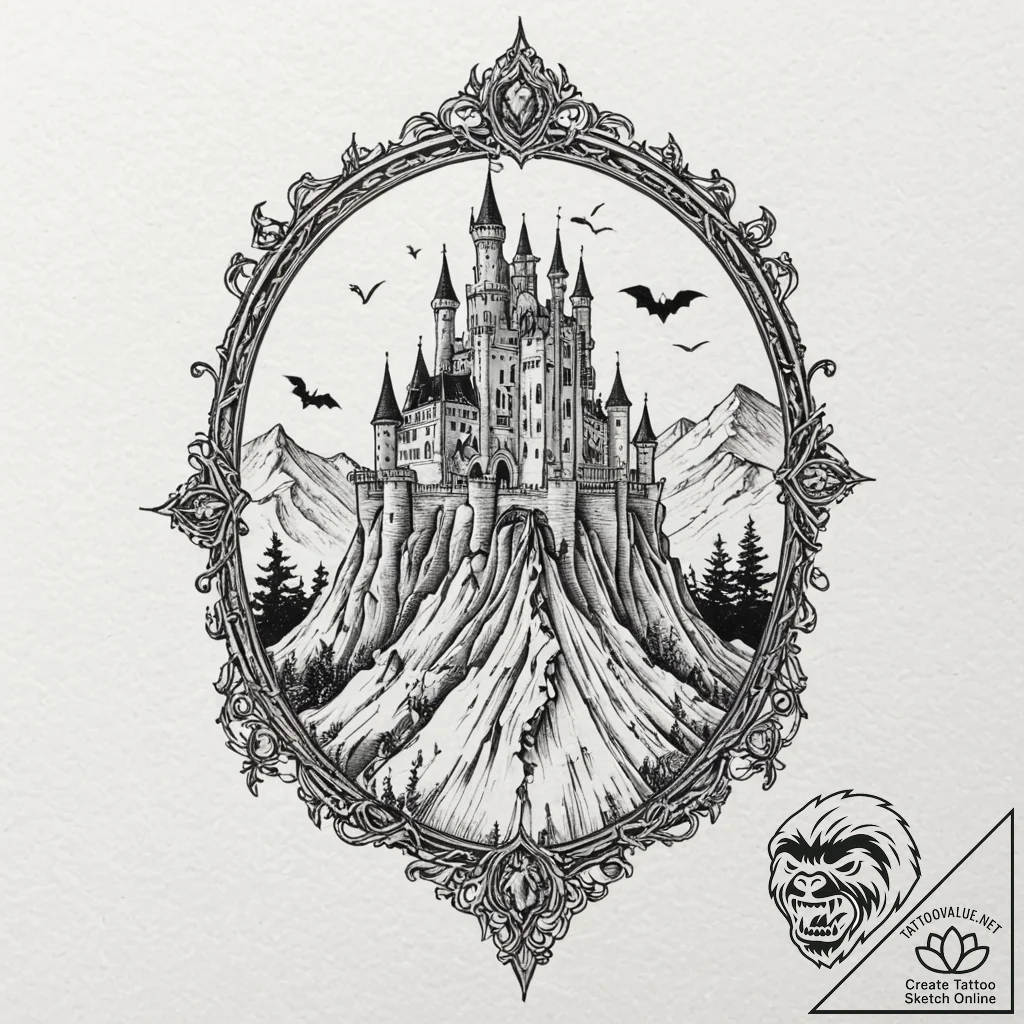 A sketch of a gothic castle on a cliff, dracu... - tattoo sketch (№1751391581_0, 01.07.2025 17:39) — tattoovalue.net