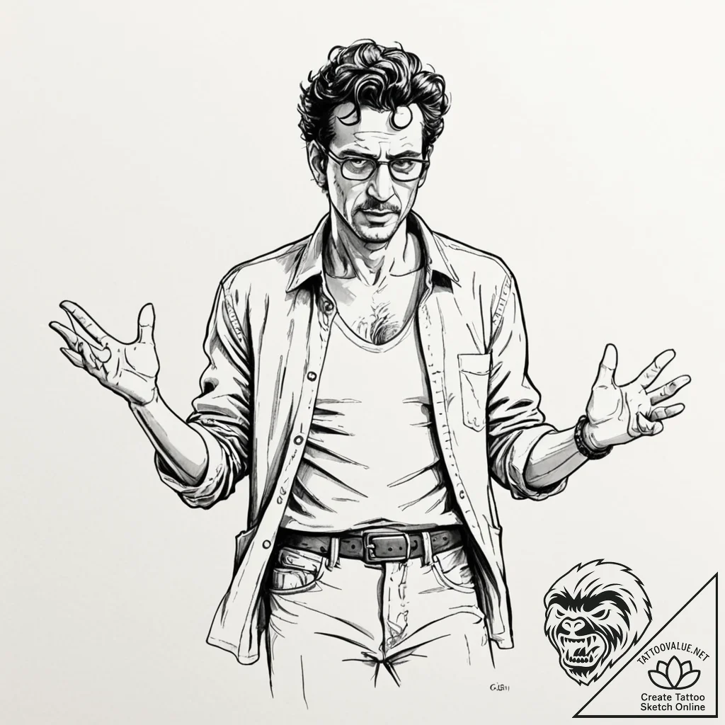 A sketch of dr. ian malcolm, with his iconic... - tattoo sketch (№1751392289_0, 01.07.2025 17:51) — tattoovalue.net