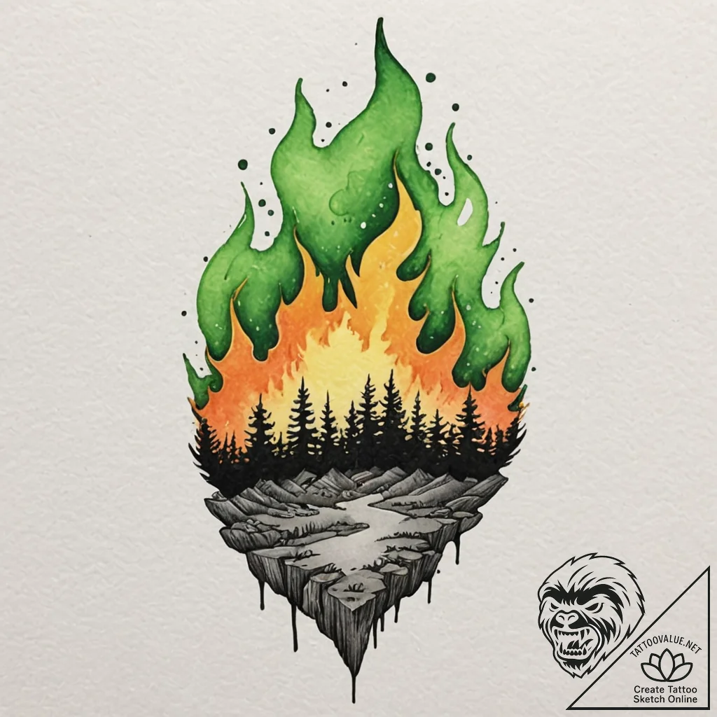 A watercolor tattoo of the wildfire explosion... - tattoo sketch (№1751393041_0, 01.07.2025 18:04) — tattoovalue.net