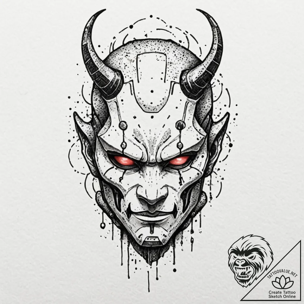 Cyberpunk oni mask, tattoo drawing outline, b... - tattoo sketch (№1751393121_0, 01.07.2025 18:05) — tattoovalue.net