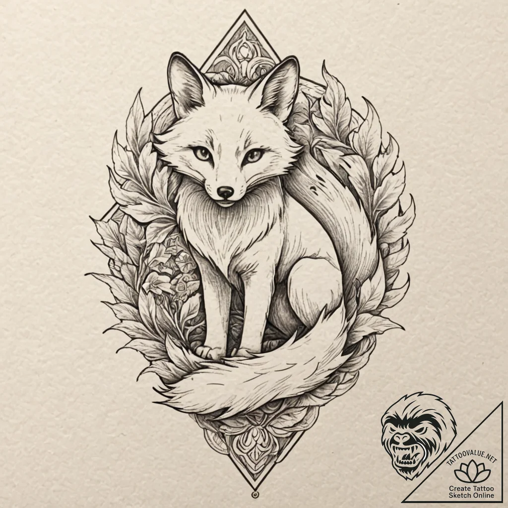 A graphic novel style tattoo of a kitsune, a... - tattoo sketch (№1751393199_0, 01.07.2025 18:06) — tattoovalue.net