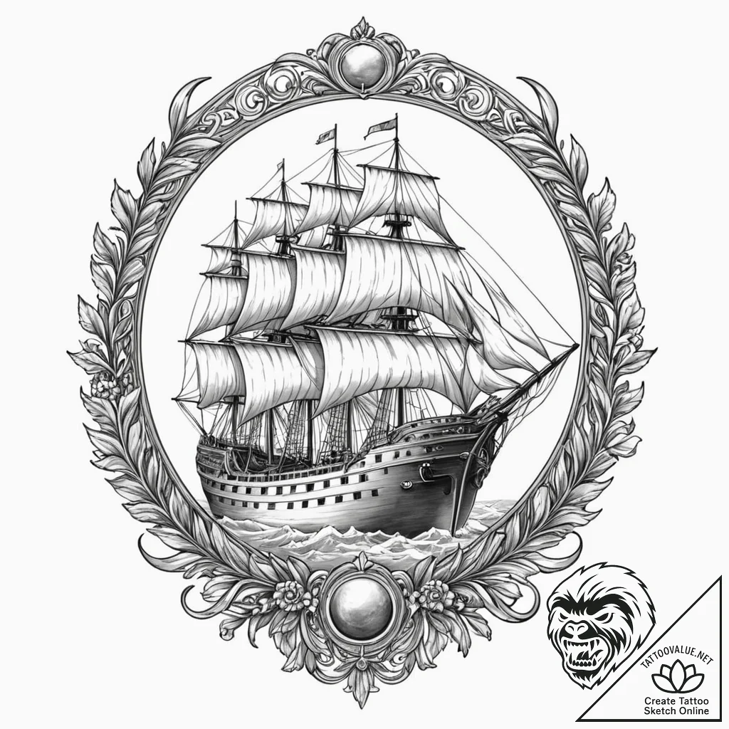 Ship, concept art for tattoo, professional ar... - tattoo sketch (№1751393904_0, 01.07.2025 18:18) — tattoovalue.net
