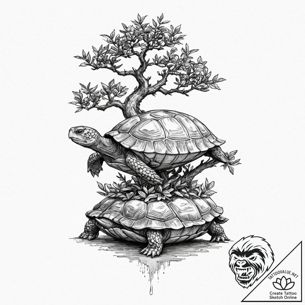 A bonsai tree growing on a turtle's back, tat... - tattoo sketch (№1751393982_0, 01.07.2025 18:19) — tattoovalue.net