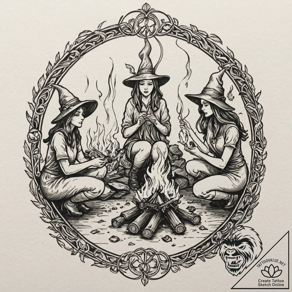 A coven of witches around a fire, ink illustr... - tattoo sketch (№1751394842_0, 01.07.2025 18:34) — tattoovalue.net