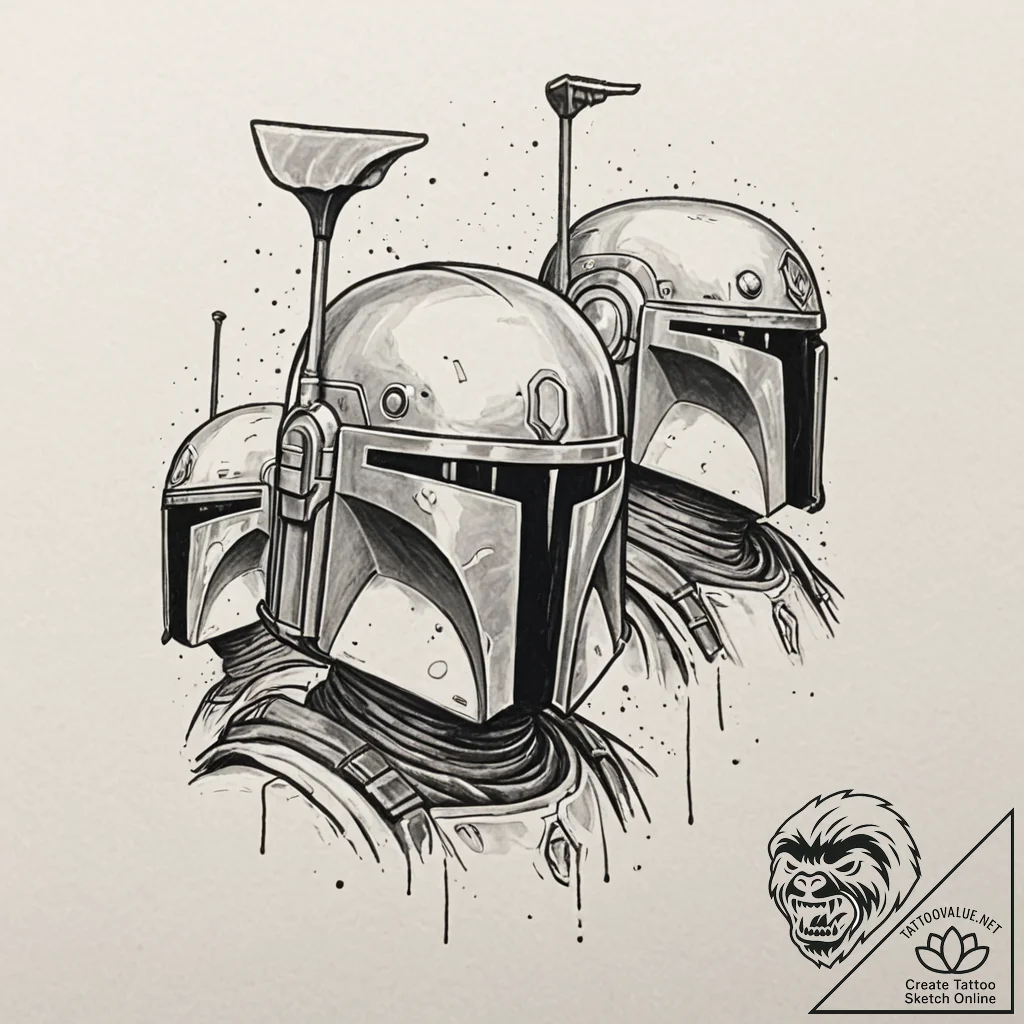 A "flash sheet" of mandalorian helmets: boba... - tattoo sketch (№1751396959_0, 01.07.2025 19:09) — tattoovalue.net