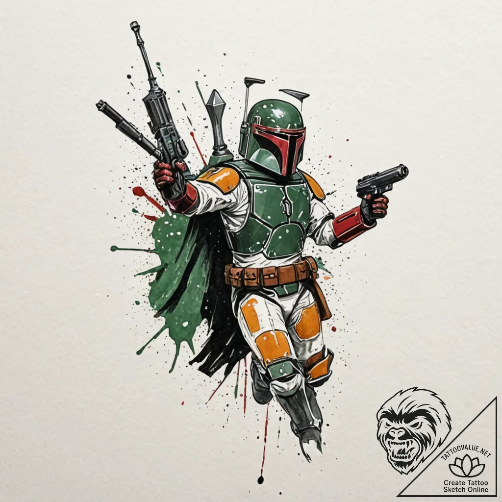 Trash polka style tattoo of boba fett in acti... - tattoo sketch (№1751397512_0, 01.07.2025 19:18) — tattoovalue.net
