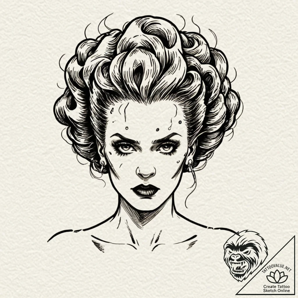 A linework tattoo of the bride of frankenstei... - tattoo sketch (№1751397669_0, 01.07.2025 19:21) — tattoovalue.net