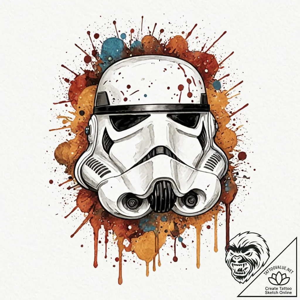 Trash polka style tattoo of a stormtrooper he... - tattoo sketch (№1751397905_0, 01.07.2025 19:25) — tattoovalue.net