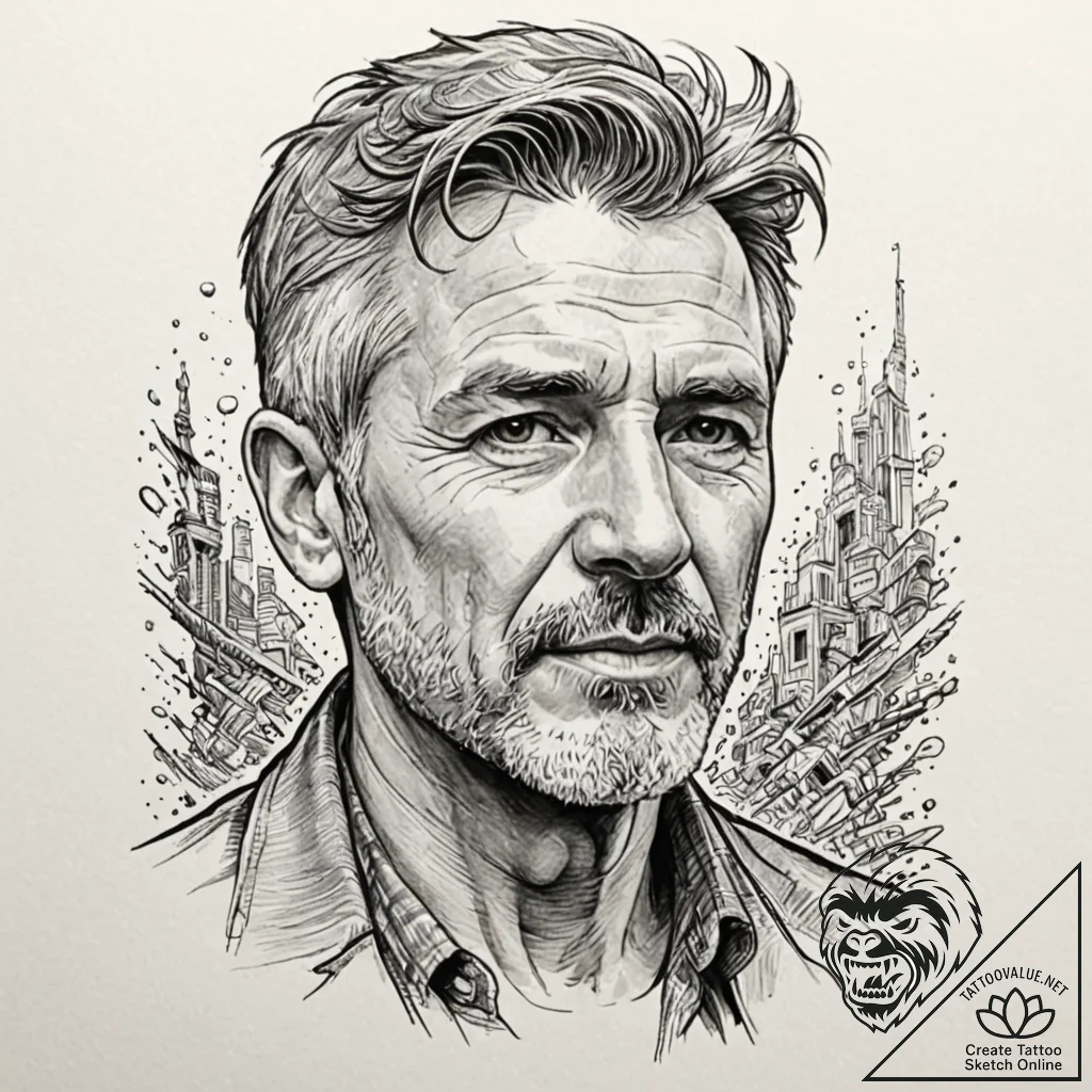 Graphic novel style portrait of a grizzled, o... - tattoo sketch (№1751398687_0, 01.07.2025 19:38) — tattoovalue.net