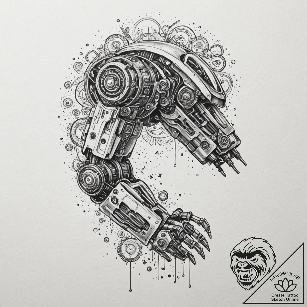 Robotic arm, concept art for tattoo, black an... - tattoo sketch (№1751398923_0, 01.07.2025 19:42) — tattoovalue.net