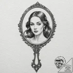 A hand mirror reflecting a ghostly figure, ta… – tattoo sketch (№1751399549_0, 01.07.2025 19:52) — tattoovalue.net