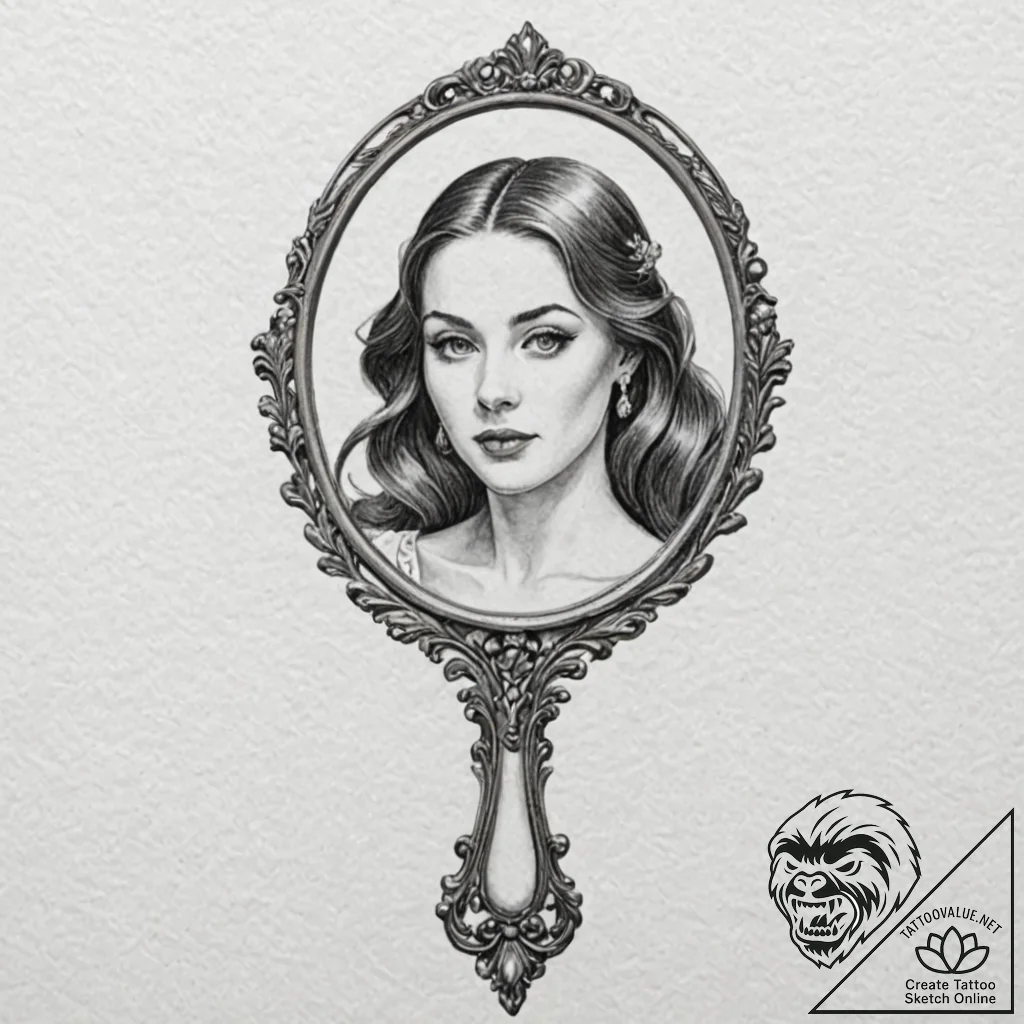 A hand mirror reflecting a ghostly figure, ta... - tattoo sketch (№1751399549_0, 01.07.2025 19:52) — tattoovalue.net