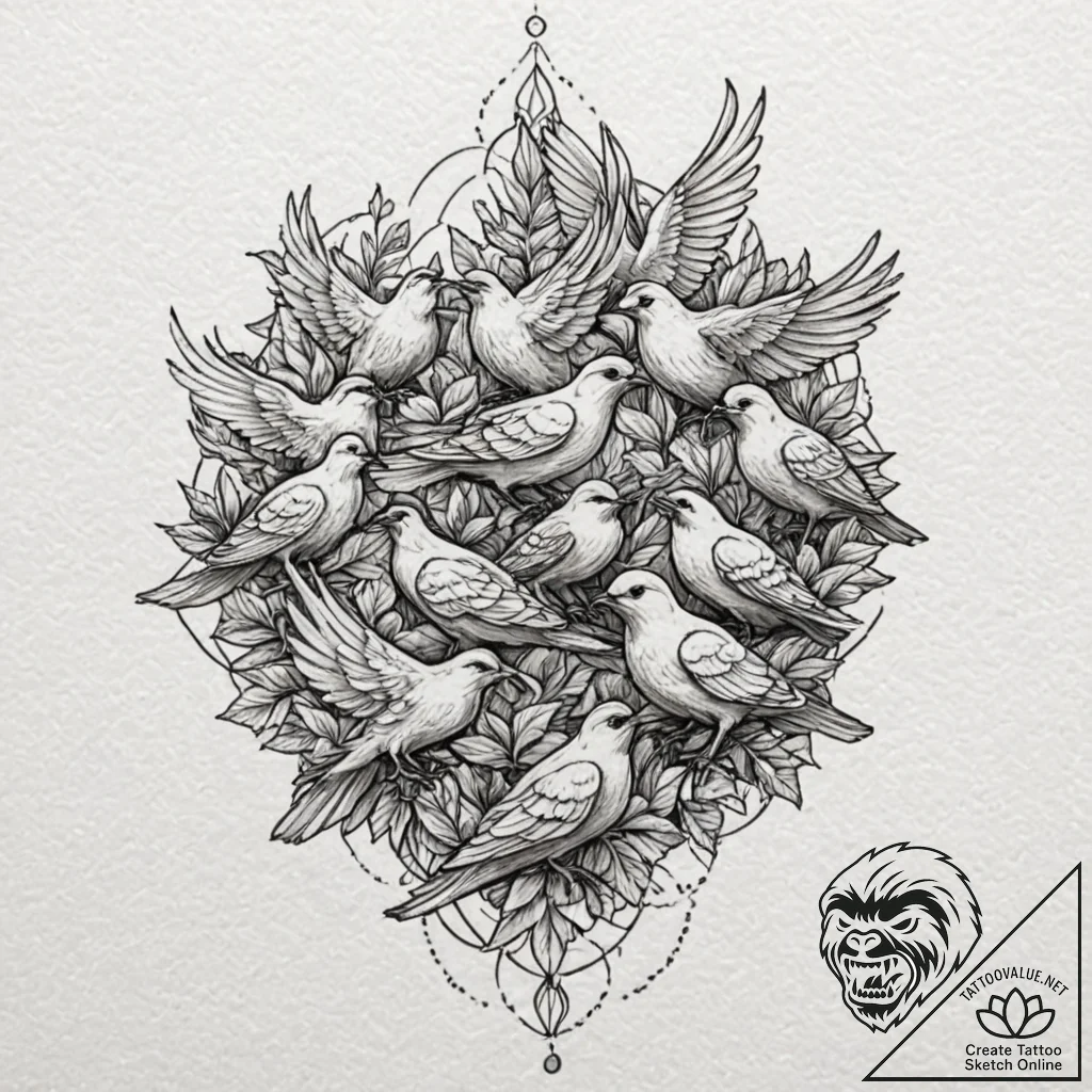 Flock of birds, tattoo line art, sepia tone s... - tattoo sketch (№1751401045_0, 01.07.2025 20:17) — tattoovalue.net