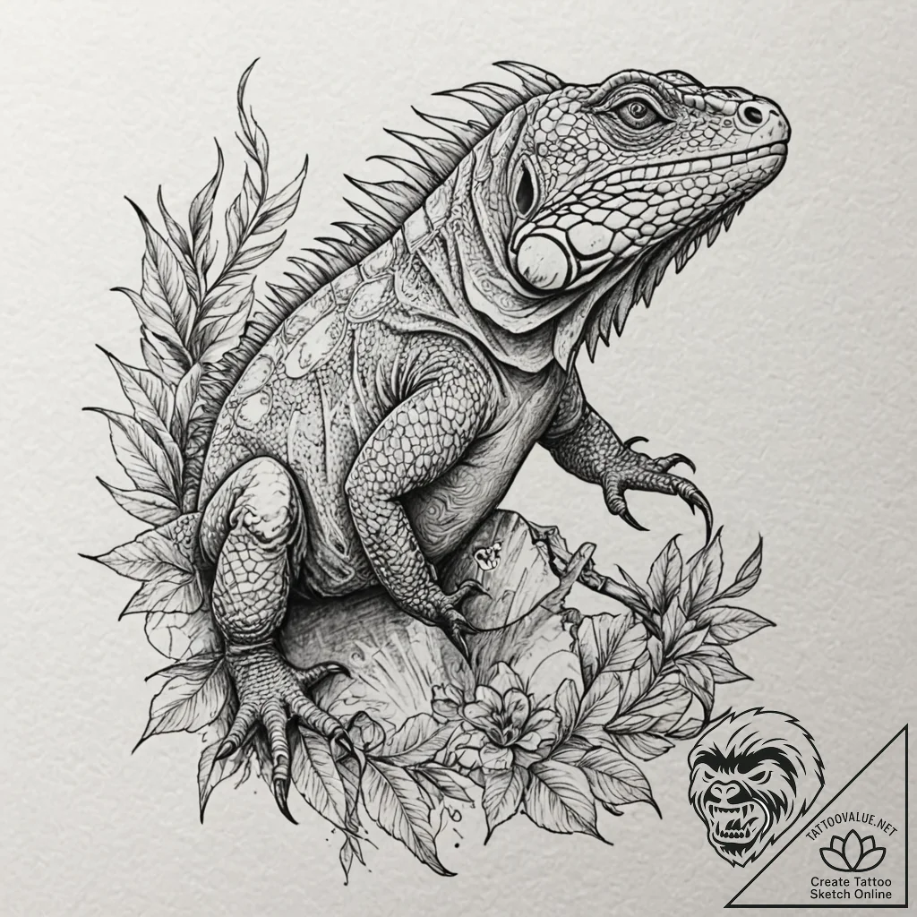 Iguana, tattoo drawing outline, on textured a... - tattoo sketch (№1751401203_0, 01.07.2025 20:20) — tattoovalue.net