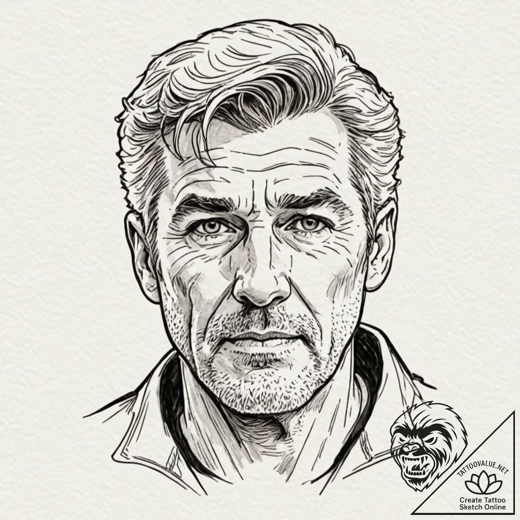 Graphic novel style portrait of a grizzled, o... - tattoo sketch (№1751402067_0, 01.07.2025 20:34) — tattoovalue.net
