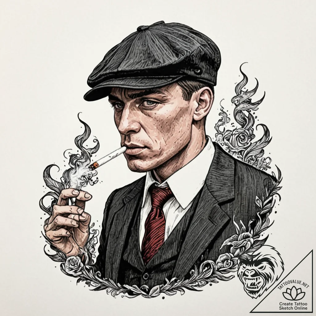 A trash polka portrait of tommy shelby, with... - tattoo sketch (№1751402145_0, 01.07.2025 20:35) — tattoovalue.net