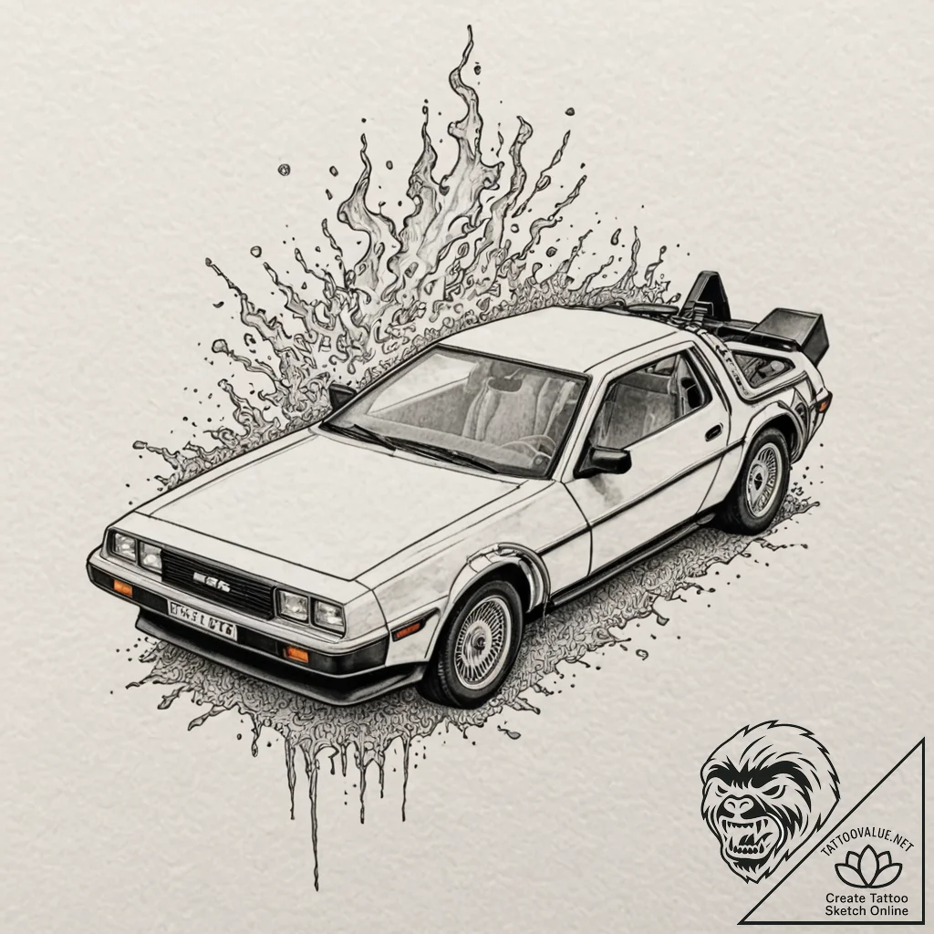 A neo-traditional tattoo of the delorean time... - tattoo sketch (№1751402223_0, 01.07.2025 20:37) — tattoovalue.net
