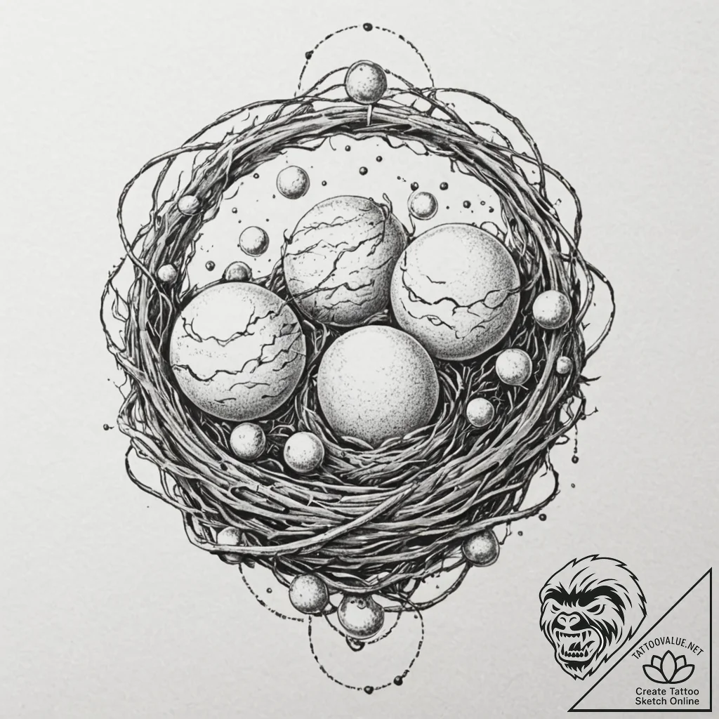 A bird's nest holding planets instead of eggs... - tattoo sketch (№1751404698_0, 01.07.2025 21:18) — tattoovalue.net