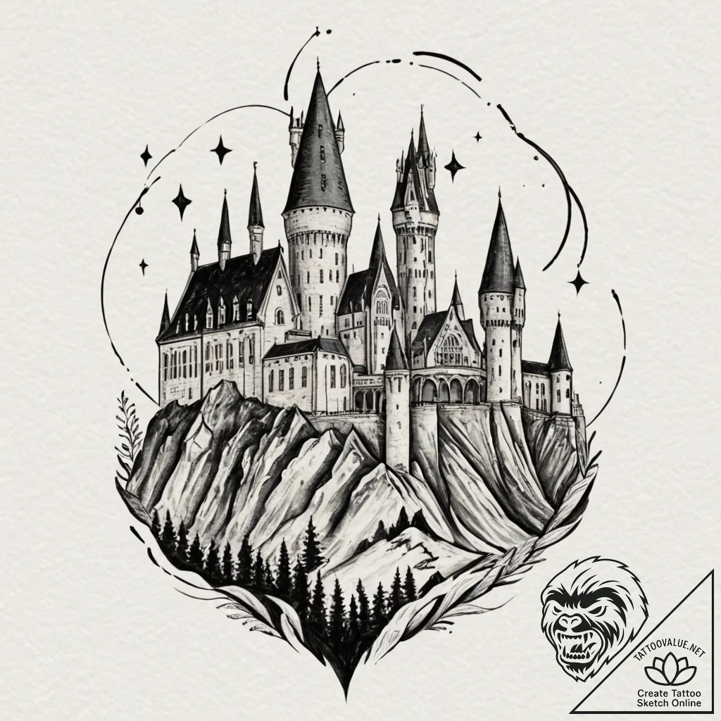 A watercolor sketch of hogwarts castle at nig... - tattoo sketch (№1751404776_0, 01.07.2025 21:19) — tattoovalue.net