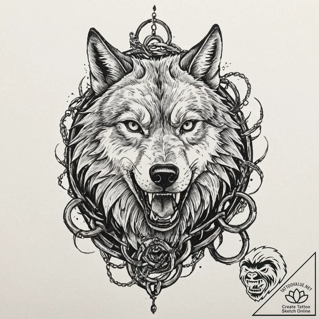 A trash polka tattoo of fenrir, the giant wol... - tattoo sketch (№1751405565_0, 01.07.2025 21:32) — tattoovalue.net