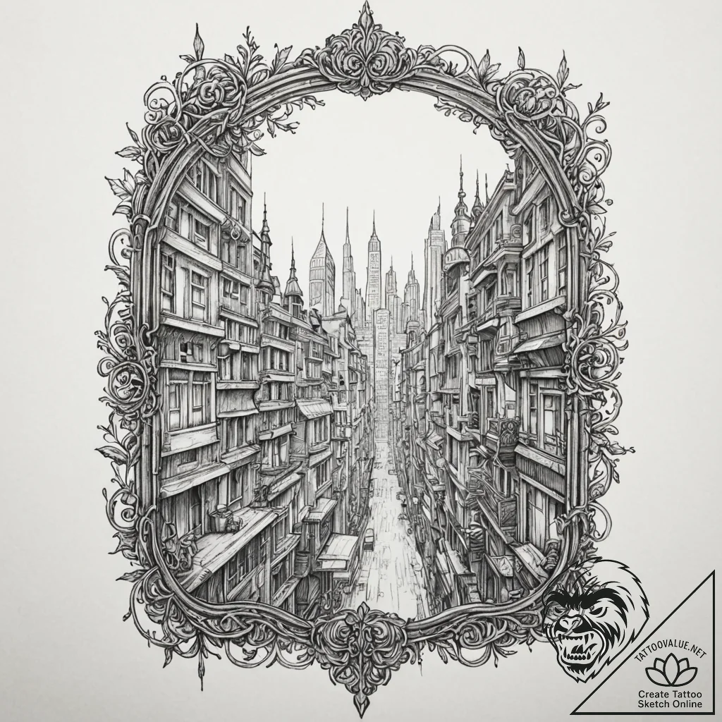 A window looking out onto a cyberpunk city, i... - tattoo sketch (№1751405967_0, 01.07.2025 21:39) — tattoovalue.net