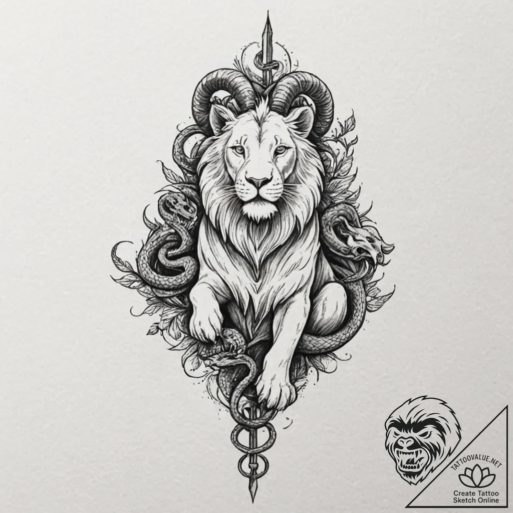 A dotwork design of a chimera, combining a li... - tattoo sketch (№1751406058_0, 01.07.2025 21:40) — tattoovalue.net