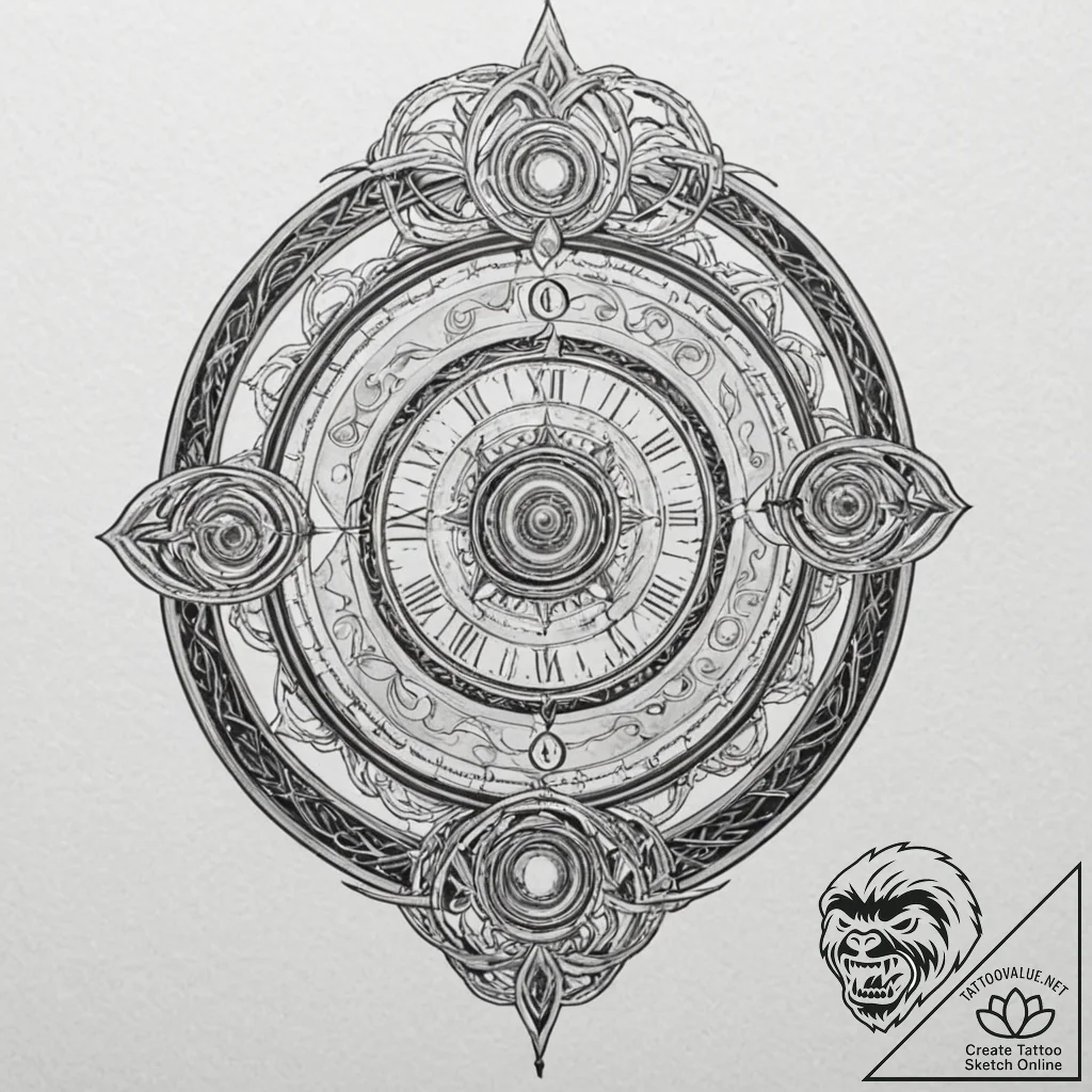A linework tattoo of a time-turner, intricate... - tattoo sketch (№1751406968_0, 01.07.2025 21:56) — tattoovalue.net