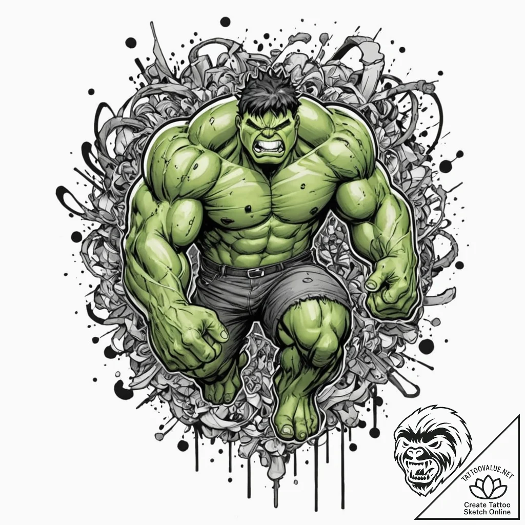 A trash polka sketch of the hulk, mid-smash,... - tattoo sketch (№1751407305_0, 01.07.2025 22:01) — tattoovalue.net