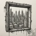A window looking out onto a cyberpunk city, t… – tattoo sketch (№1751407722_0, 01.07.2025 22:08) — tattoovalue.net