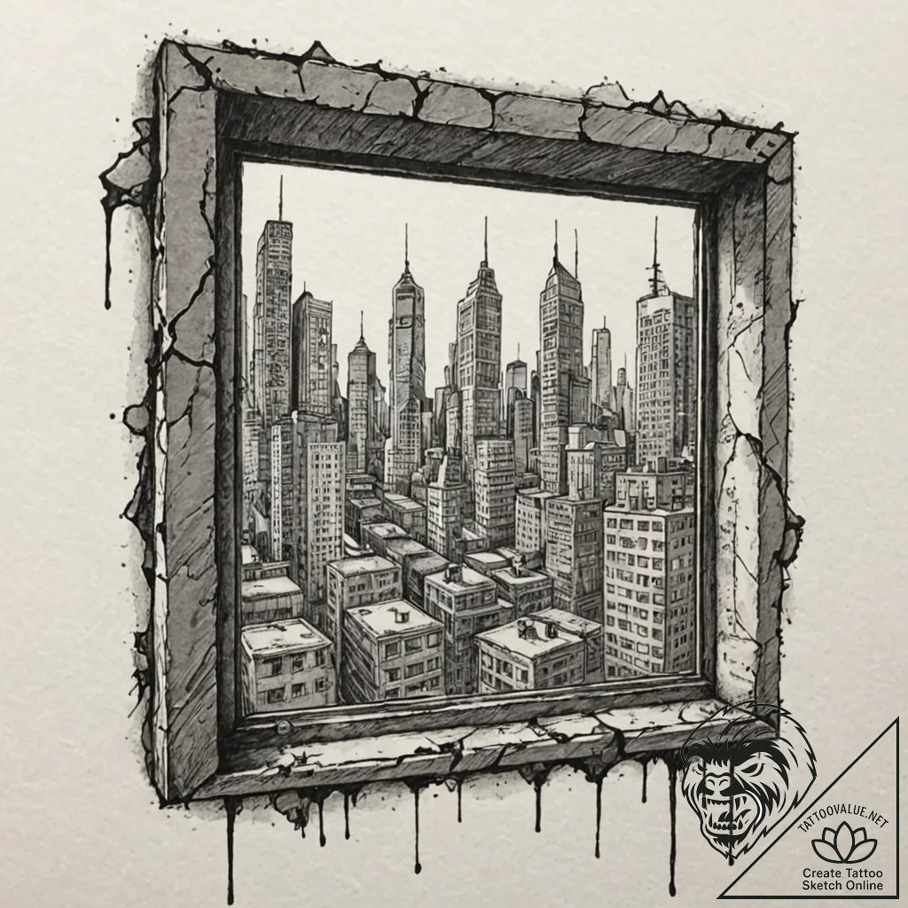 A window looking out onto a cyberpunk city, t... - tattoo sketch (№1751407722_0, 01.07.2025 22:08) — tattoovalue.net