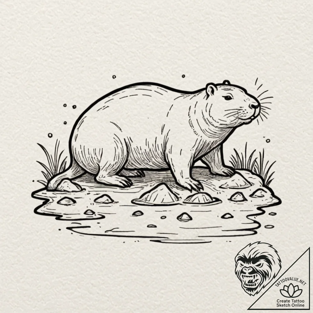 A capybara chilling in a hot spring, ink illu... - tattoo sketch (№1751407804_0, 01.07.2025 22:10) — tattoovalue.net