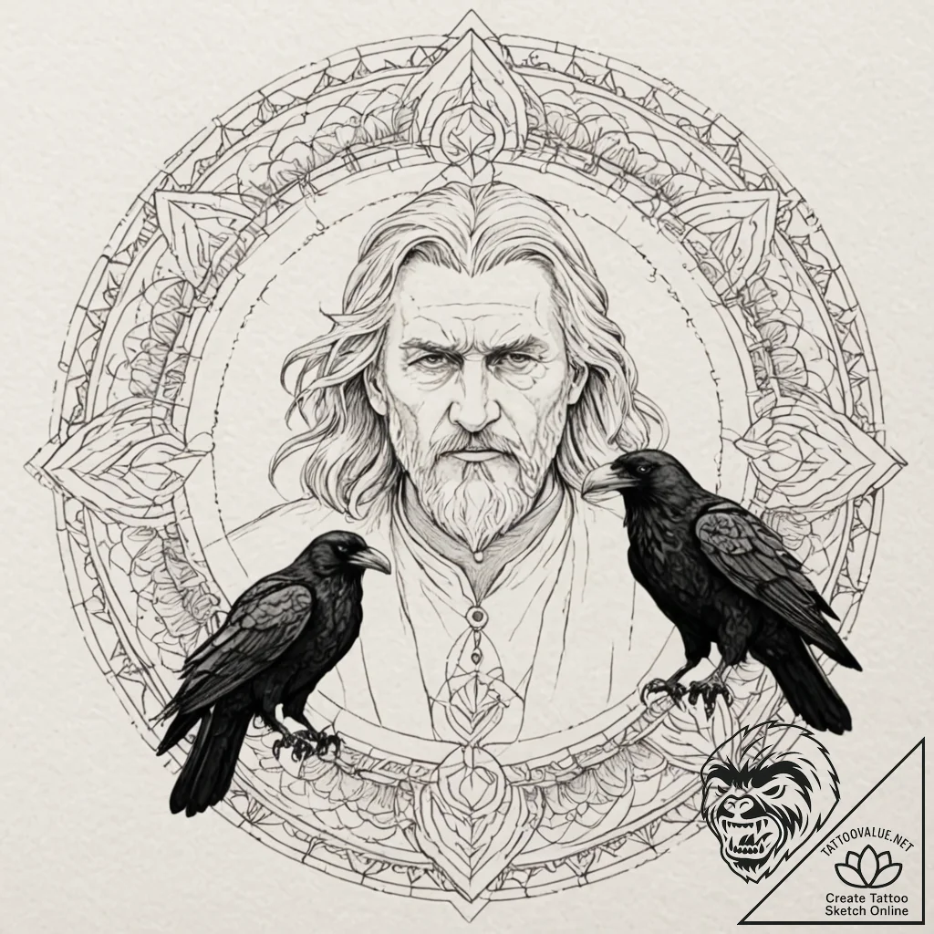 A graphic novel portrait of odin with his two... - tattoo sketch (№1751408140_0, 01.07.2025 22:15) — tattoovalue.net