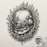 An old diving helmet overgrown with coral, ta… – tattoo sketch (№1751408639_0, 01.07.2025 22:23) — tattoovalue.net