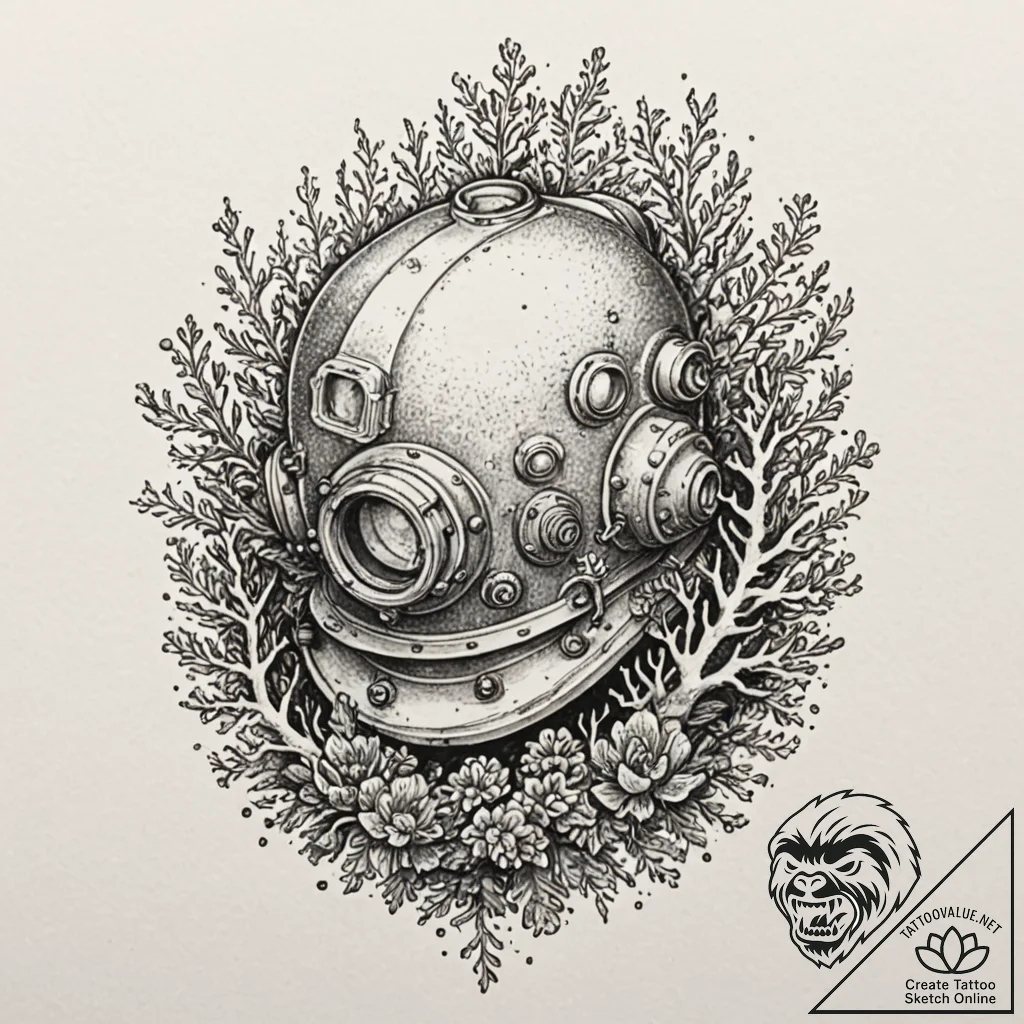 An old diving helmet overgrown with coral, ta... - tattoo sketch (№1751408639_0, 01.07.2025 22:23) — tattoovalue.net