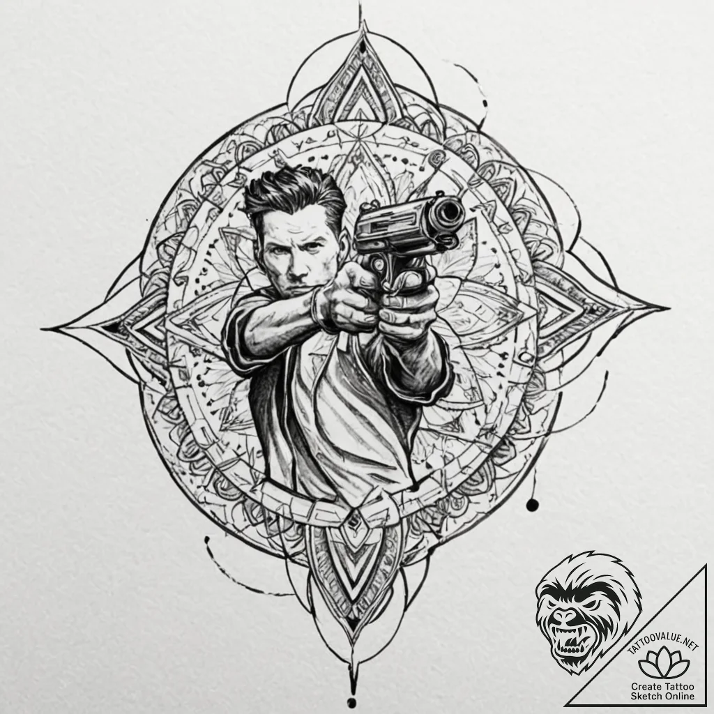 Graphic novel style panel of rick deckard aim... - tattoo sketch (№1751409055_0, 01.07.2025 22:30) — tattoovalue.net