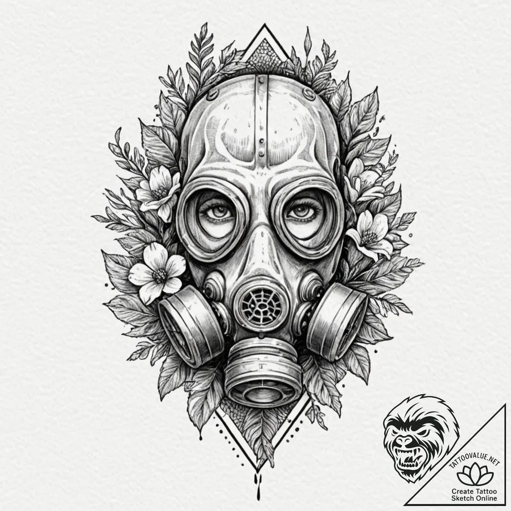 Gas mask with flowers growing through the fil... - tattoo sketch (№1751409137_0, 01.07.2025 22:32) — tattoovalue.net