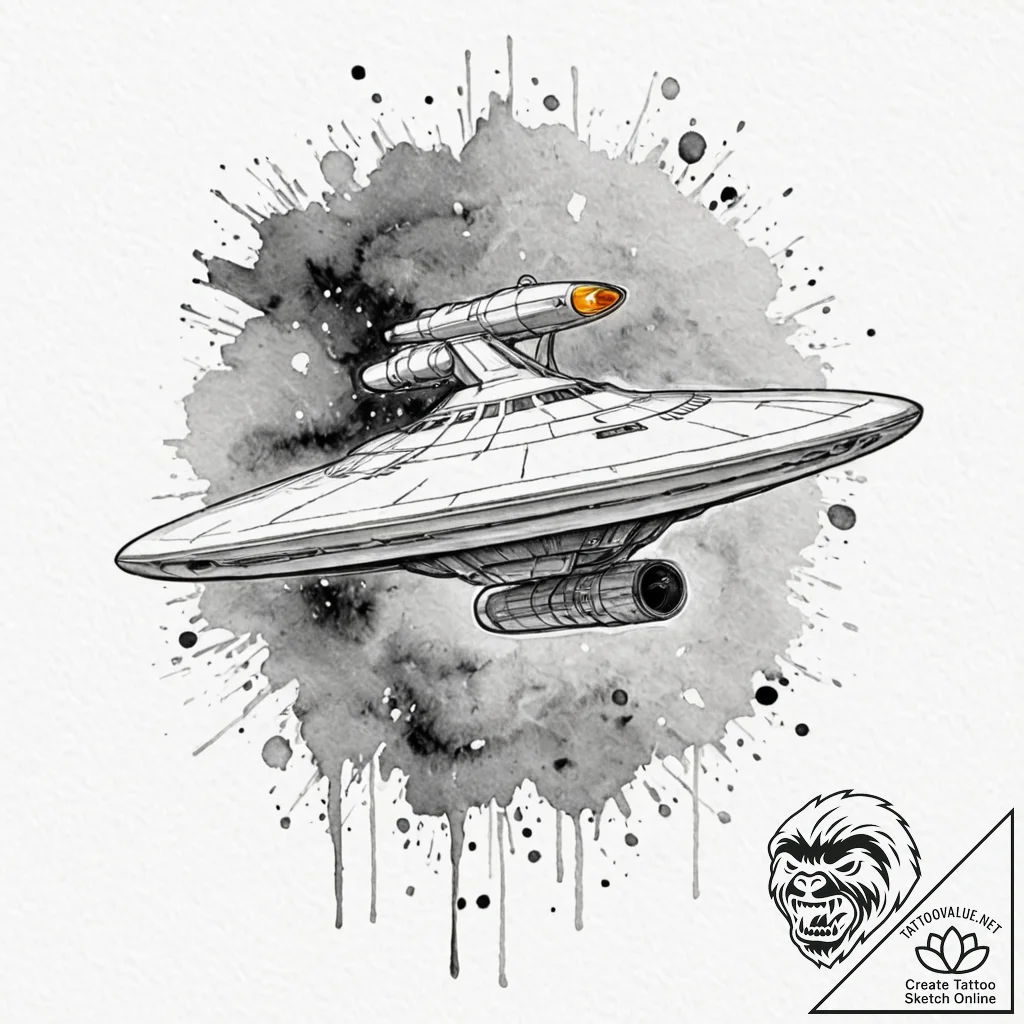 A linework tattoo of the starship enterprise,... - tattoo sketch (№1751409471_0, 01.07.2025 22:37) — tattoovalue.net