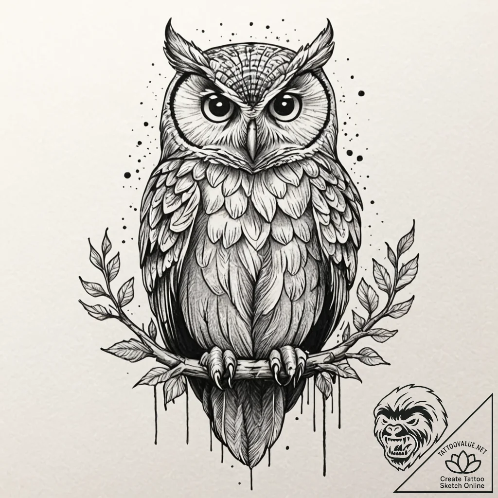 Owl with key, tattoo sketch design, clean lin... - tattoo sketch (№1751410558_0, 01.07.2025 22:55) — tattoovalue.net