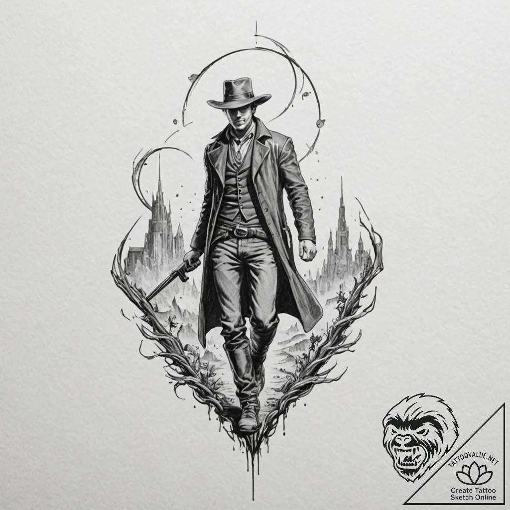 A linework tattoo of the gunslinger (roland d... - tattoo sketch (№1751412632_0, 01.07.2025 23:30) — tattoovalue.net