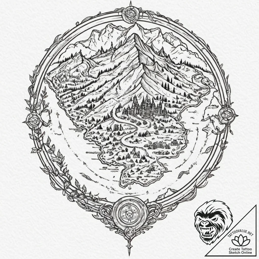 A linework design of the map of middle-earth,... - tattoo sketch (№1751412796_0, 01.07.2025 23:33) — tattoovalue.net