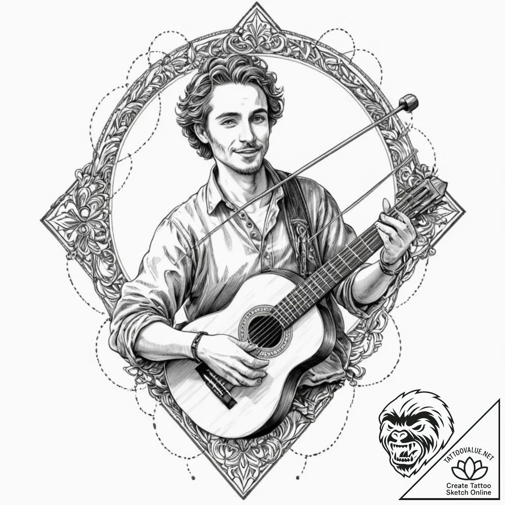 A sketch of jaskier the bard, with his lute a... - tattoo sketch (№1751413218_0, 01.07.2025 23:40) — tattoovalue.net