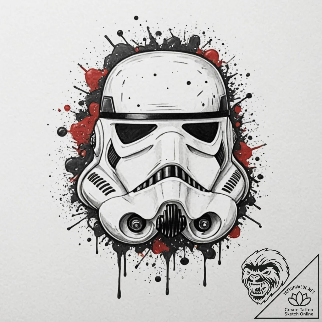 Trash polka style tattoo of a stormtrooper he... - tattoo sketch (№1751413972_0, 01.07.2025 23:52) — tattoovalue.net
