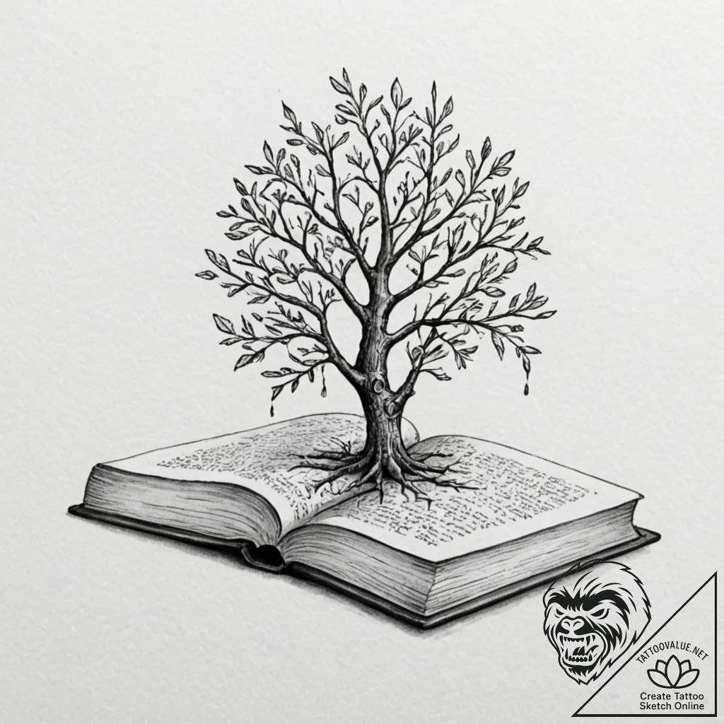 A tree growing out of an open book, tattoo fl... - tattoo sketch (№1751415071_0, 02.07.2025 00:11) — tattoovalue.net