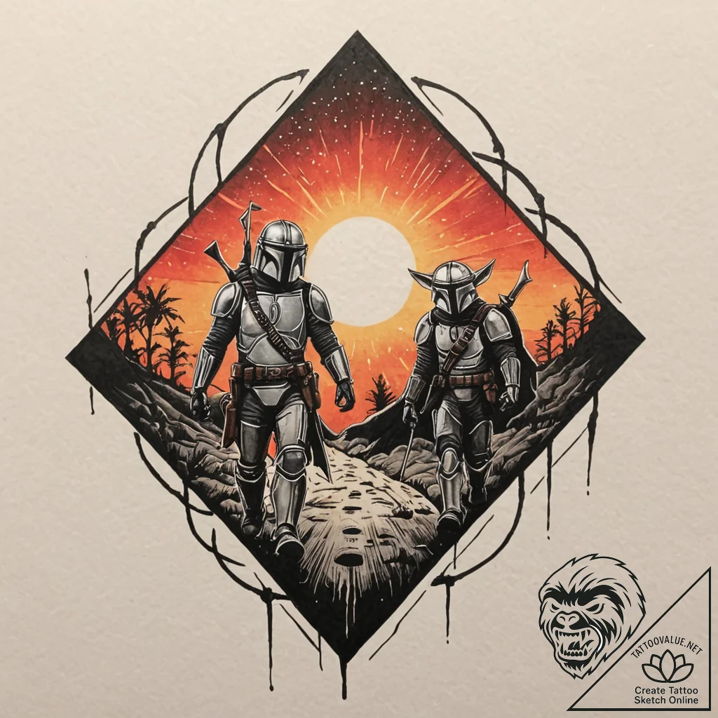 14. graphic art of the mandalorian and grogu... - tattoo sketch (№1751415911_0, 02.07.2025 00:25) — tattoovalue.net